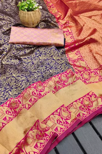 Blue pink silk blend jacuard work festival saree with unstitched blouse piece