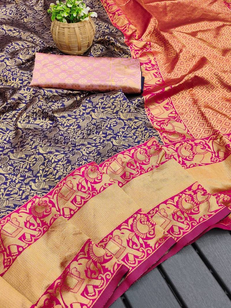 Blue pink silk blend jacuard work festival saree with unstitched blouse piece