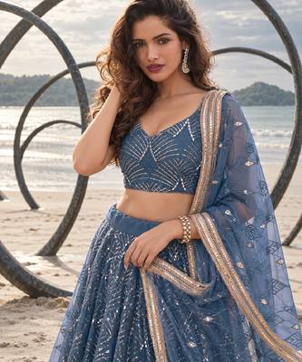 STEEL BLUE NET THREAD WITH ZARI AND SEQUINCE WORK FESTIVE LEHENGA CHOLI SET FOR WOMEN'S 5