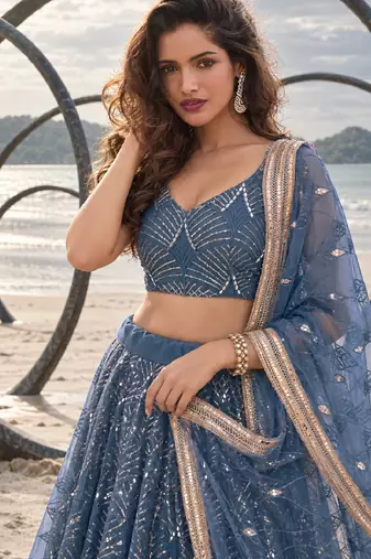 STEEL BLUE NET THREAD WITH ZARI AND SEQUINCE WORK FESTIVE LEHENGA CHOLI SET FOR WOMEN'S