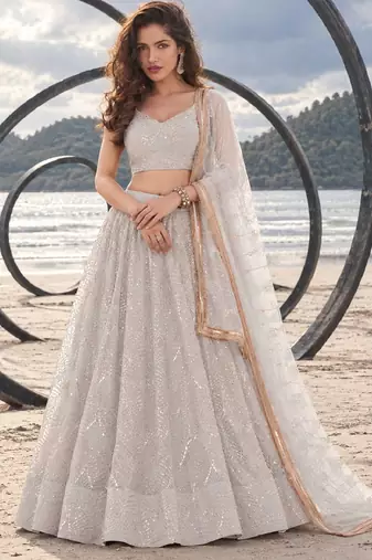 WHITE NET THREAD WITH ZARI AND SEQUINCE WORK FESTIVE LEHENGA CHOLI SET FOR WOMEN'S