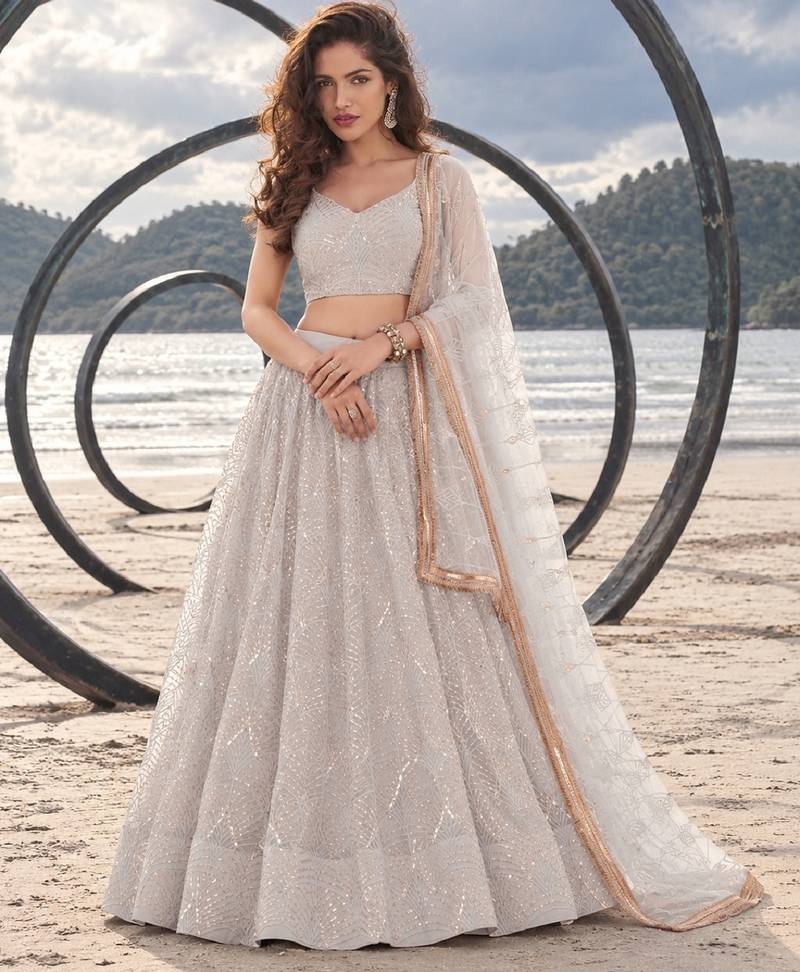 WHITE NET THREAD WITH ZARI AND SEQUINCE WORK FESTIVE LEHENGA CHOLI SET FOR WOMEN'S