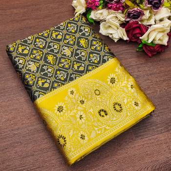Green yellow silk blend jacuard work festival saree with unstitched blouse piece 1