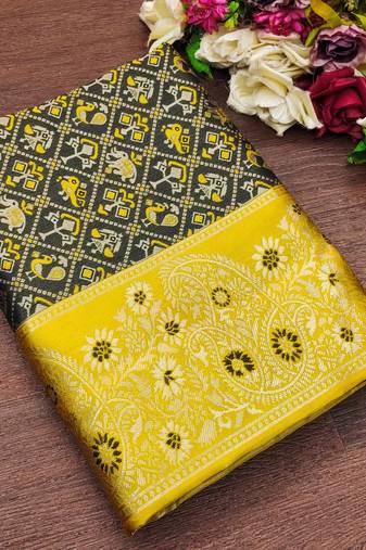Green yellow silk blend jacuard work festival saree with unstitched blouse piece
