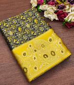 Green yellow silk blend jacuard work festival saree with unstitched blouse piece