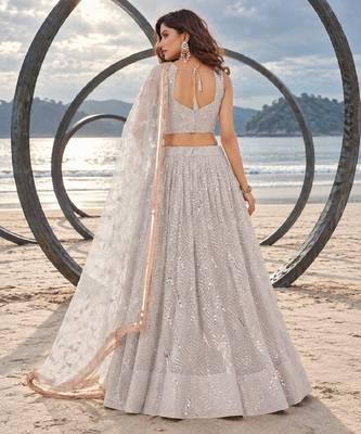 WHITE NET THREAD WITH ZARI AND SEQUINCE WORK FESTIVE LEHENGA CHOLI SET FOR WOMEN'S 2