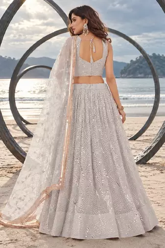 WHITE NET THREAD WITH ZARI AND SEQUINCE WORK FESTIVE LEHENGA CHOLI SET FOR WOMEN'S