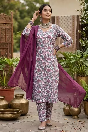 Off white floral printed straight kurta set for women