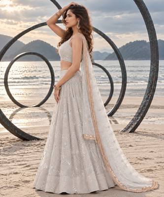 WHITE NET THREAD WITH ZARI AND SEQUINCE WORK FESTIVE LEHENGA CHOLI SET FOR WOMEN'S 3