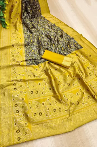 Green yellow silk blend jacuard work festival saree with unstitched blouse piece
