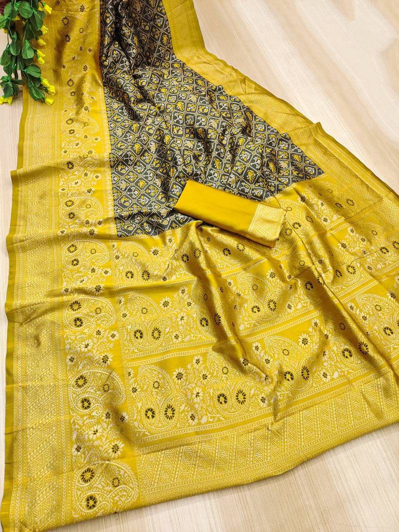 Green yellow silk blend jacuard work festival saree with unstitched blouse piece