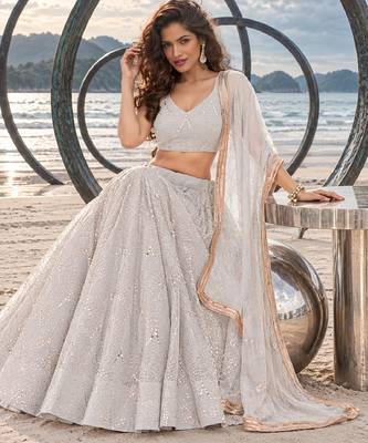 WHITE NET THREAD WITH ZARI AND SEQUINCE WORK FESTIVE LEHENGA CHOLI SET FOR WOMEN'S 4