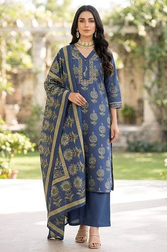 Blue floral printed straight kurta set for women