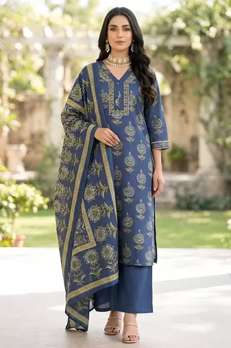 Blue floral printed straight kurta set for women