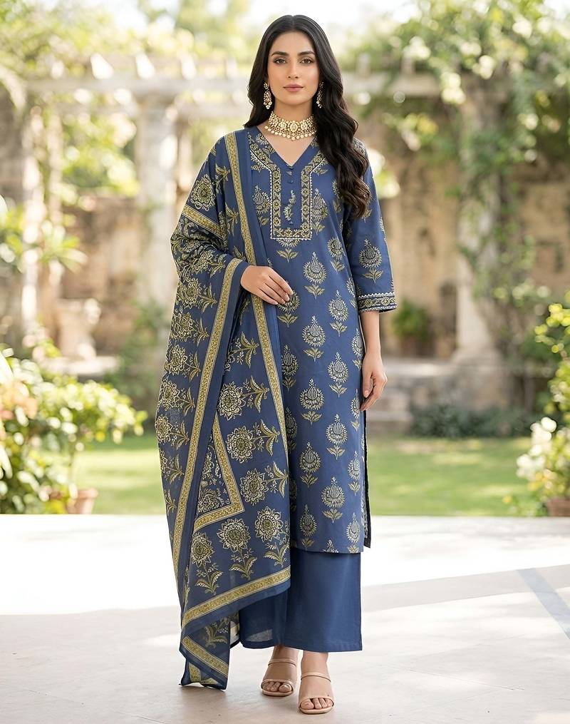 Blue floral printed straight kurta set for women