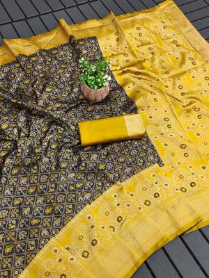 Green yellow silk blend jacuard work festival saree with unstitched blouse piece 3