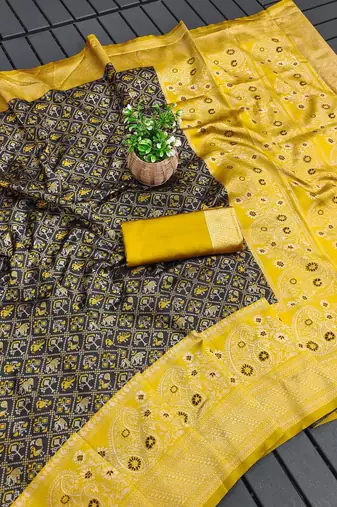 Green yellow silk blend jacuard work festival saree with unstitched blouse piece