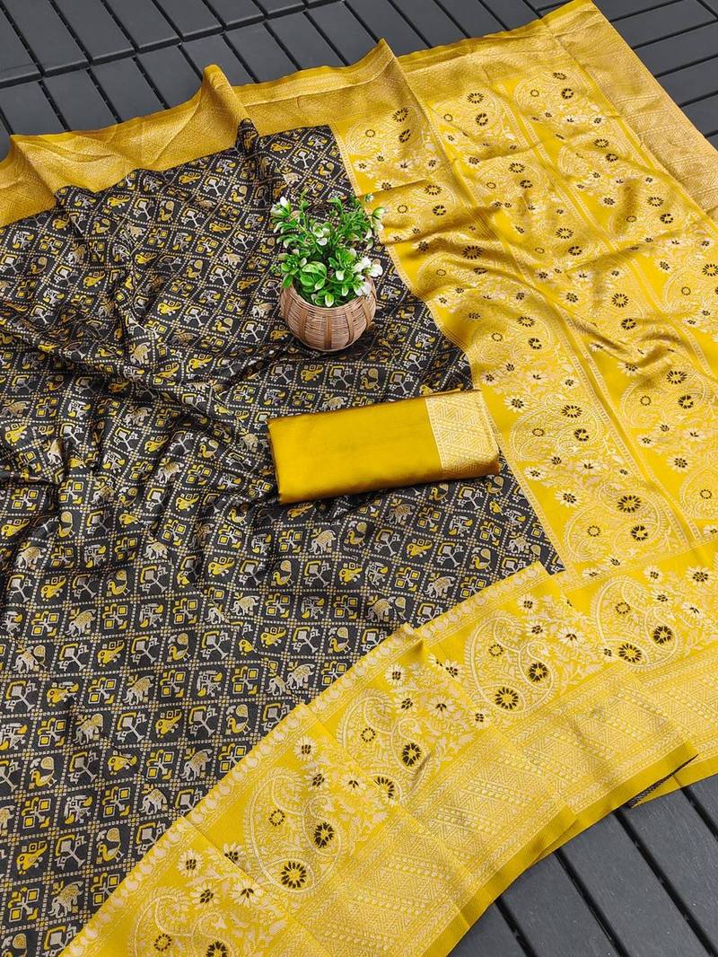 Green yellow silk blend jacuard work festival saree with unstitched blouse piece