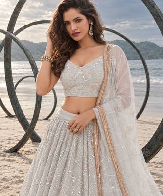WHITE NET THREAD WITH ZARI AND SEQUINCE WORK FESTIVE LEHENGA CHOLI SET FOR WOMEN'S 5