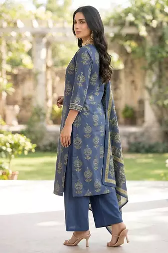 Blue floral printed straight kurta set for women