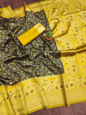 Green yellow silk blend jacuard work festival saree with unstitched blouse piece 4