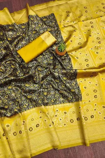Green yellow silk blend jacuard work festival saree with unstitched blouse piece