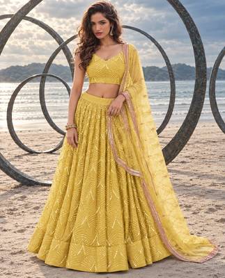 YELLOW NET THREAD WITH ZARI AND SEQUINCE WORK FESTIVE LEHENGA CHOLI SET FOR WOMEN'S 1