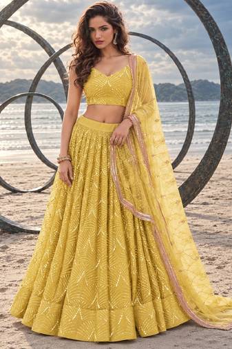 YELLOW NET THREAD WITH ZARI AND SEQUIN WORK FESTIVE LEHENGA CHOLI