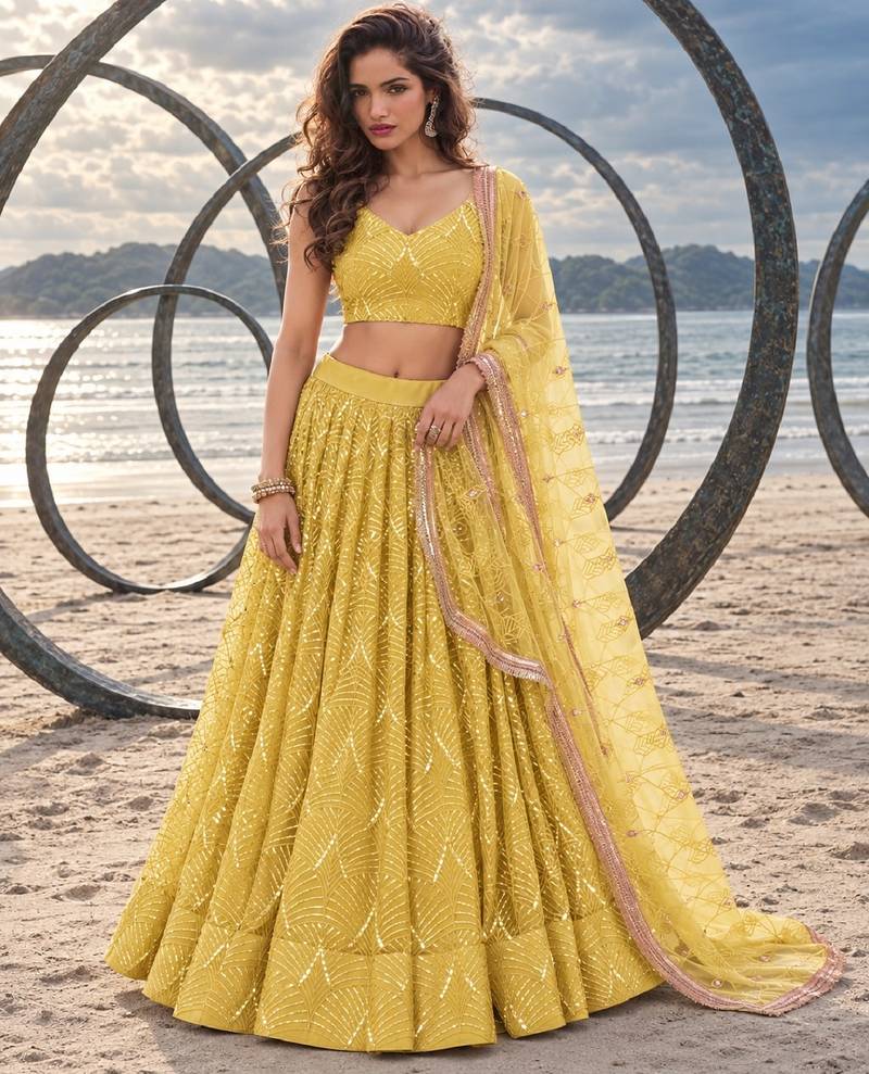 YELLOW NET THREAD WITH ZARI AND SEQUINCE WORK FESTIVE LEHENGA CHOLI SET FOR WOMEN'S