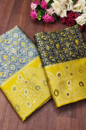 Green yellow silk blend jacuard work festival saree with unstitched blouse piece