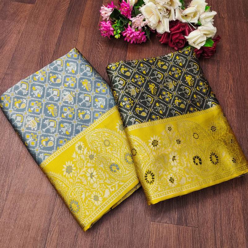 Green yellow silk blend jacuard work festival saree with unstitched blouse piece