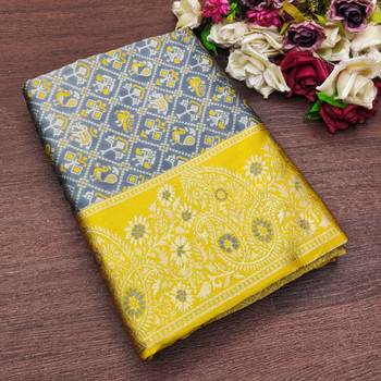 Grey yellow silk blend jacuard work festival saree with unstitched blouse piece 1