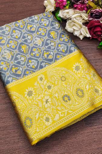 Grey yellow silk blend jacuard work festival saree with unstitched blouse piece