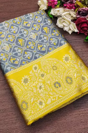 Grey yellow silk blend jacuard work festival saree with unstitched blouse piece
