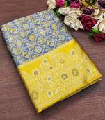 Grey yellow silk blend jacuard work festival saree with unstitched blouse piece
