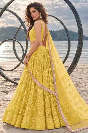 YELLOW NET THREAD WITH ZARI AND SEQUINCE WORK FESTIVE LEHENGA CHOLI SET FOR WOMEN'S