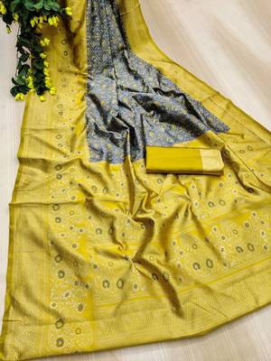Grey yellow silk blend jacuard work festival saree with unstitched blouse piece 2