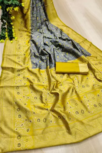Grey yellow silk blend jacuard work festival saree with unstitched blouse piece