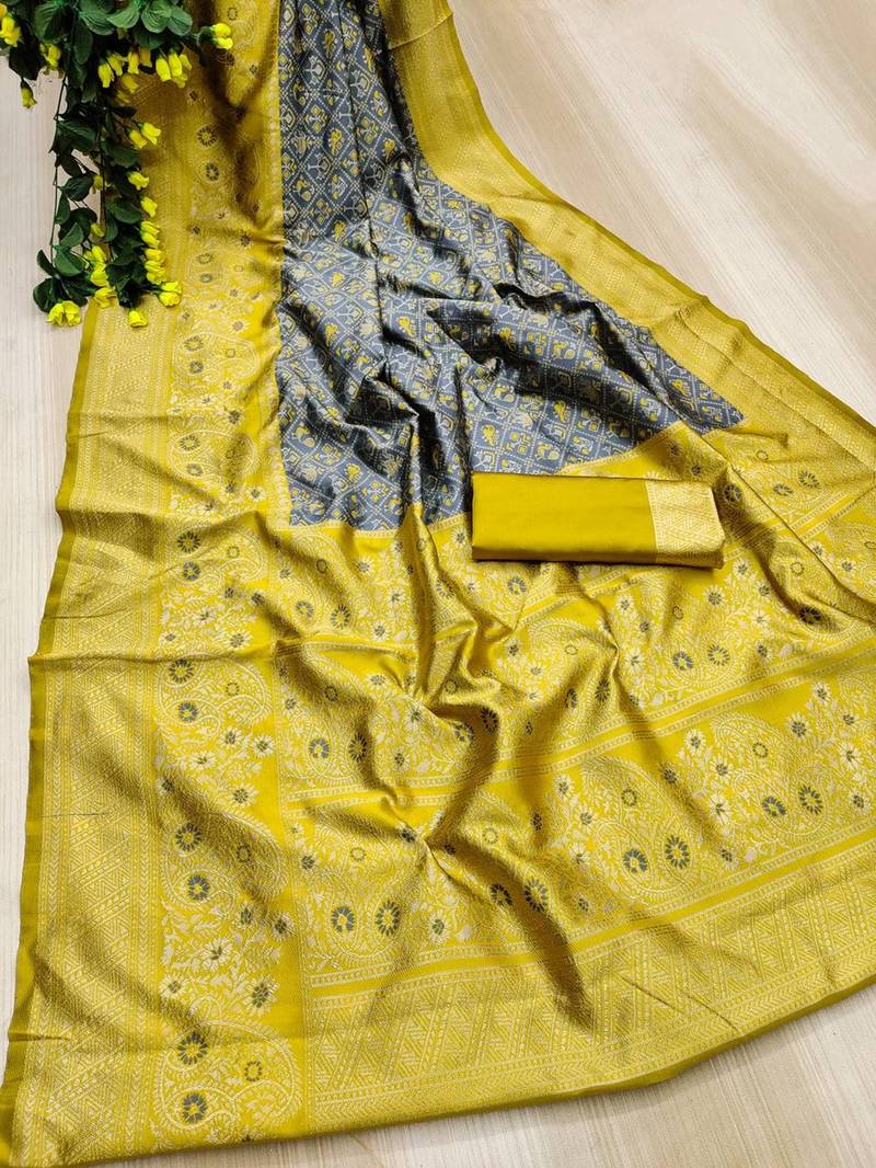 Grey yellow silk blend jacuard work festival saree with unstitched blouse piece