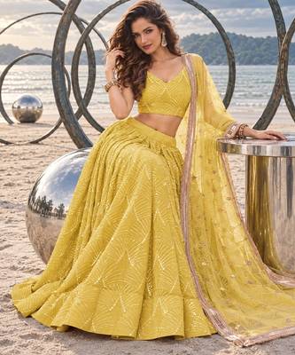 YELLOW NET THREAD WITH ZARI AND SEQUINCE WORK FESTIVE LEHENGA CHOLI SET FOR WOMEN'S 4