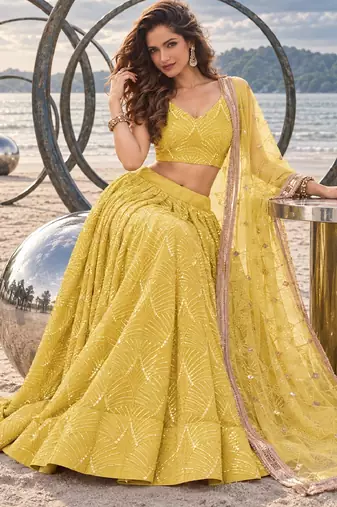YELLOW NET THREAD WITH ZARI AND SEQUINCE WORK FESTIVE LEHENGA CHOLI SET FOR WOMEN'S