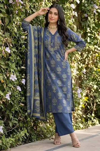 Blue floral printed straight kurta set for women