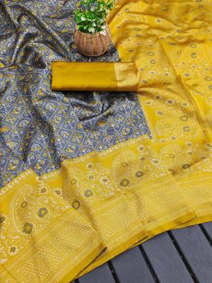 Grey yellow silk blend jacuard work festival saree with unstitched blouse piece 3