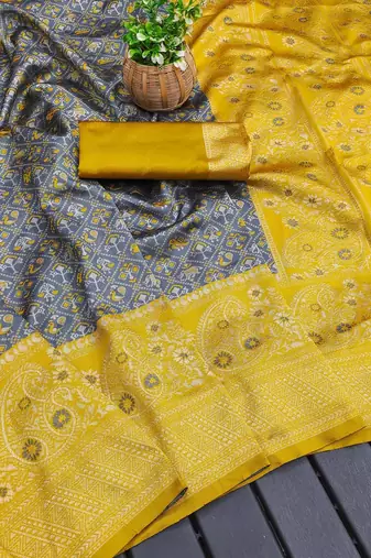 Grey yellow silk blend jacuard work festival saree with unstitched blouse piece