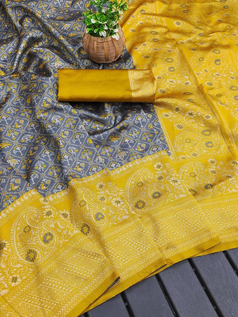Grey yellow silk blend jacuard work festival saree with unstitched blouse piece