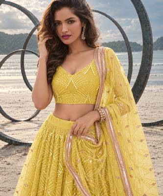 YELLOW NET THREAD WITH ZARI AND SEQUINCE WORK FESTIVE LEHENGA CHOLI SET FOR WOMEN'S 5