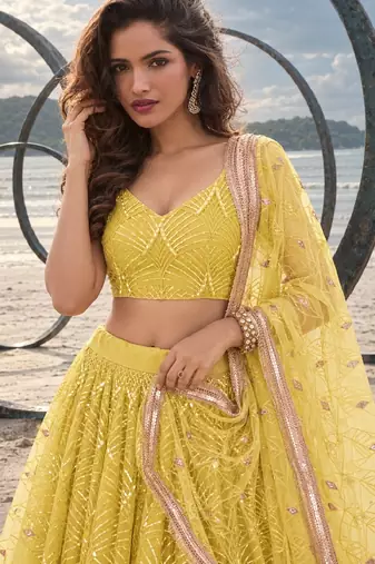 YELLOW NET THREAD WITH ZARI AND SEQUINCE WORK FESTIVE LEHENGA CHOLI SET FOR WOMEN'S