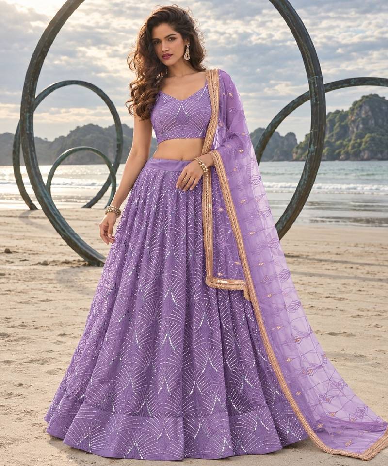 LAVENDER NET THREAD WITH ZARI AND SEQUINCE WORK FESTIVE LEHENGA CHOLI SET FOR WOMEN'S
