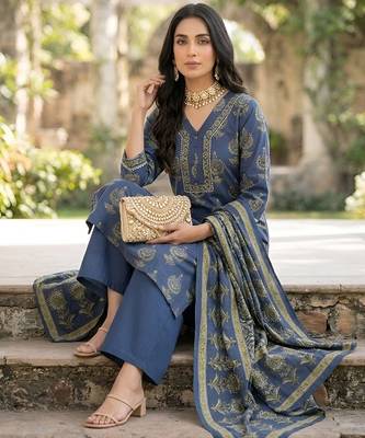 Blue floral printed straight kurta set for women 5