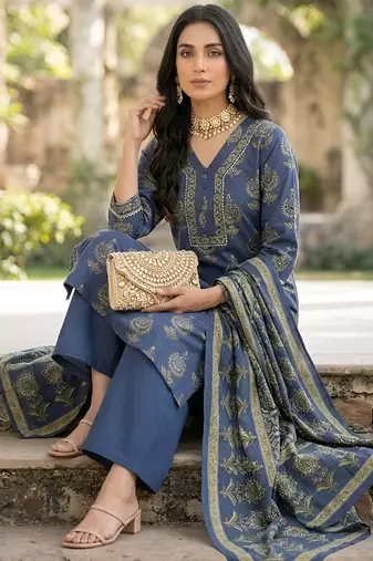 Blue floral printed straight kurta set for women